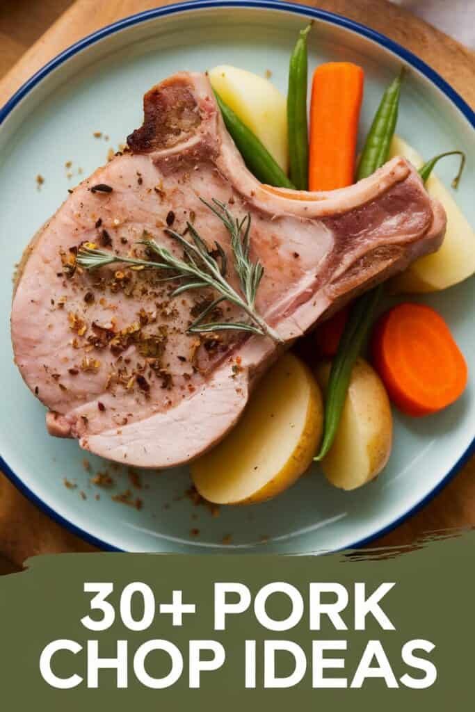 A perfectly cooked pork chop seasoned with herbs, served on a plate with potatoes, carrots, and green beans, showcasing delicious pork chop recipe ideas.