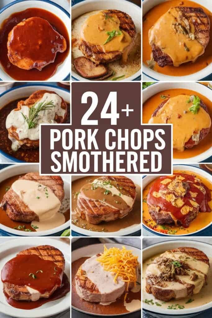 A collage of over 24 delicious pork chop dishes, each smothered in various savory sauces, showcasing different presentation styles and toppings, ideal for meal inspiration.