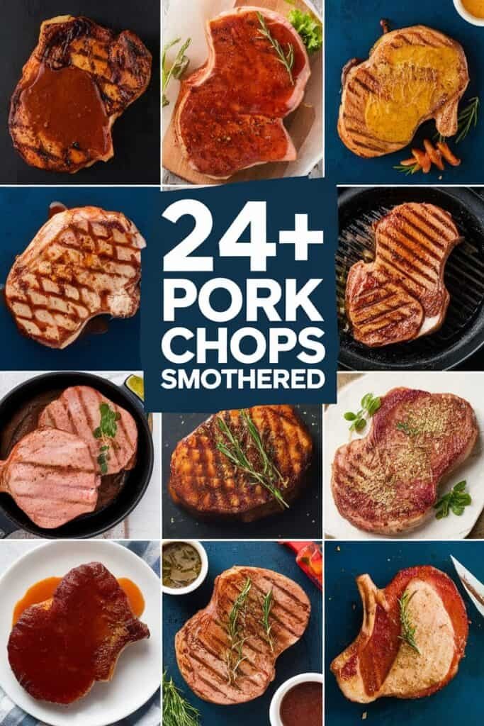 A collage of over 24 deliciously smothered pork chop recipes, showcasing various cooking styles and sauces, including grilled, glazed, and seasoned options, perfect for meal inspiration.