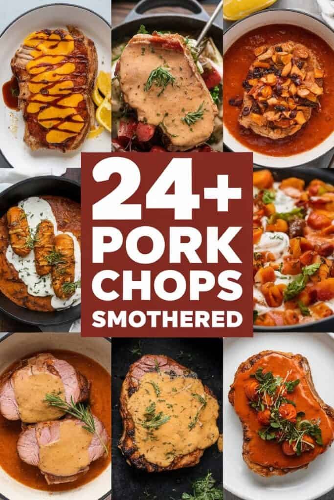 A collage of 24+ delicious pork chop recipes, showcasing various smothered styles, including grilled chops with sauce, creamy ranch toppings, and savory vegetable accompaniments, perfect for meal inspiration.