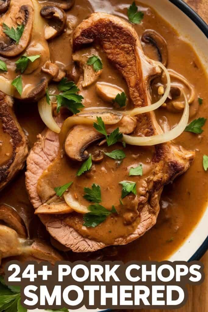 Deliciously smothered pork chops served with a rich gravy, sliced mushrooms, and onions, garnished with fresh parsley. Perfect for a hearty meal.