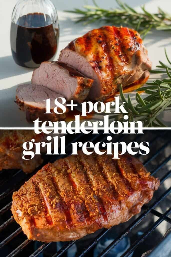 Grilled pork tenderloin with a side of marinade in a glass bottle, featuring two cooked tenderloins—one sliced and one whole—on a grill, showcasing over 18 delicious pork tenderloin grill recipes.