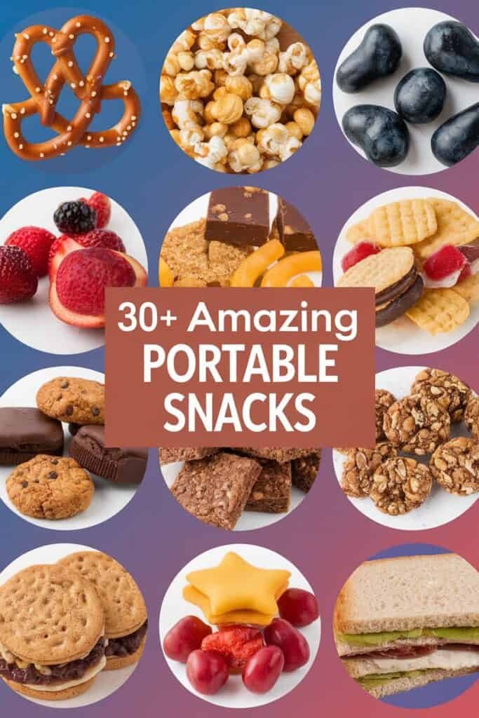 A colorful collage of over 30 portable snacks, featuring pretzels, popcorn, berries, chocolate bars, cookies, and fruit, highlighted with the text "30+ Amazing Portable Snacks" in the center.