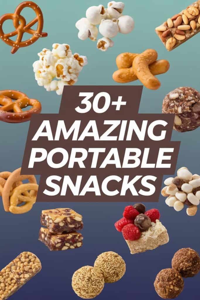 A colorful assortment of over 30 portable snacks including pretzels, popcorn, fruit bars, nut clusters, and energy bites, perfect for on-the-go snacking.