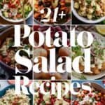 A collage of diverse potato salad recipes featuring various ingredients and presentations, showcasing over 21 unique potato salad ideas.