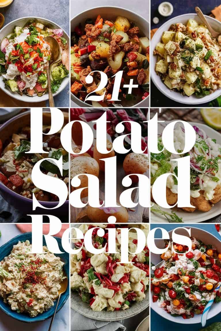 A collage of diverse potato salad recipes featuring various ingredients and presentations, showcasing over 21 unique potato salad ideas.