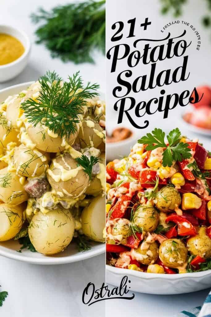A visually appealing image showcasing two delicious potato salad recipes, featuring creamy potato salad with fresh herbs on the left and a vibrant red pepper and corn potato salad on the right. The text highlights "21+ Potato Salad Recipes" for culinary inspiration.