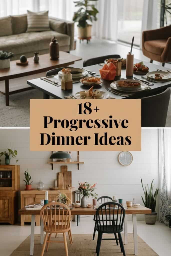 Stylish dining and living room setup featuring a beautifully arranged dinner table with various dishes, surrounded by modern decor and plants, promoting 18+ progressive dinner ideas.