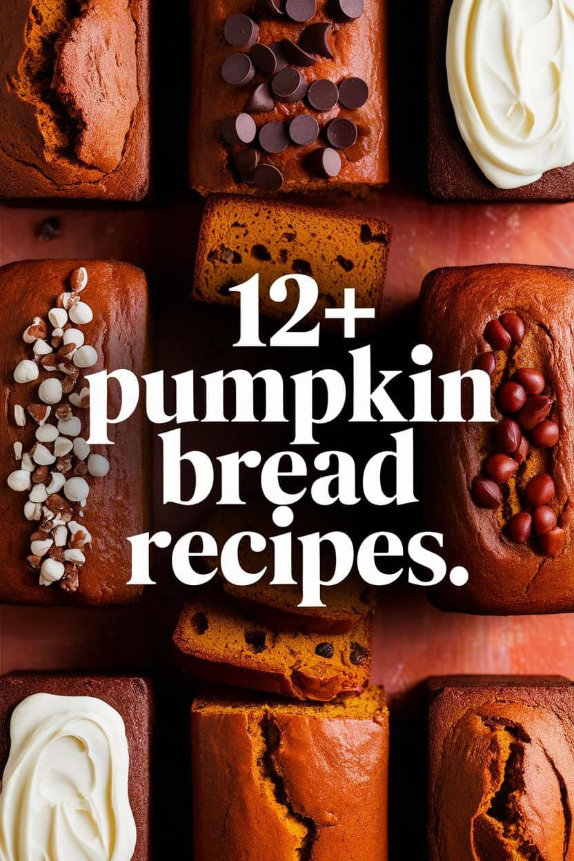 A collection of 12+ delicious pumpkin bread recipes displayed with various toppings, showcasing different styles and textures of pumpkin bread.