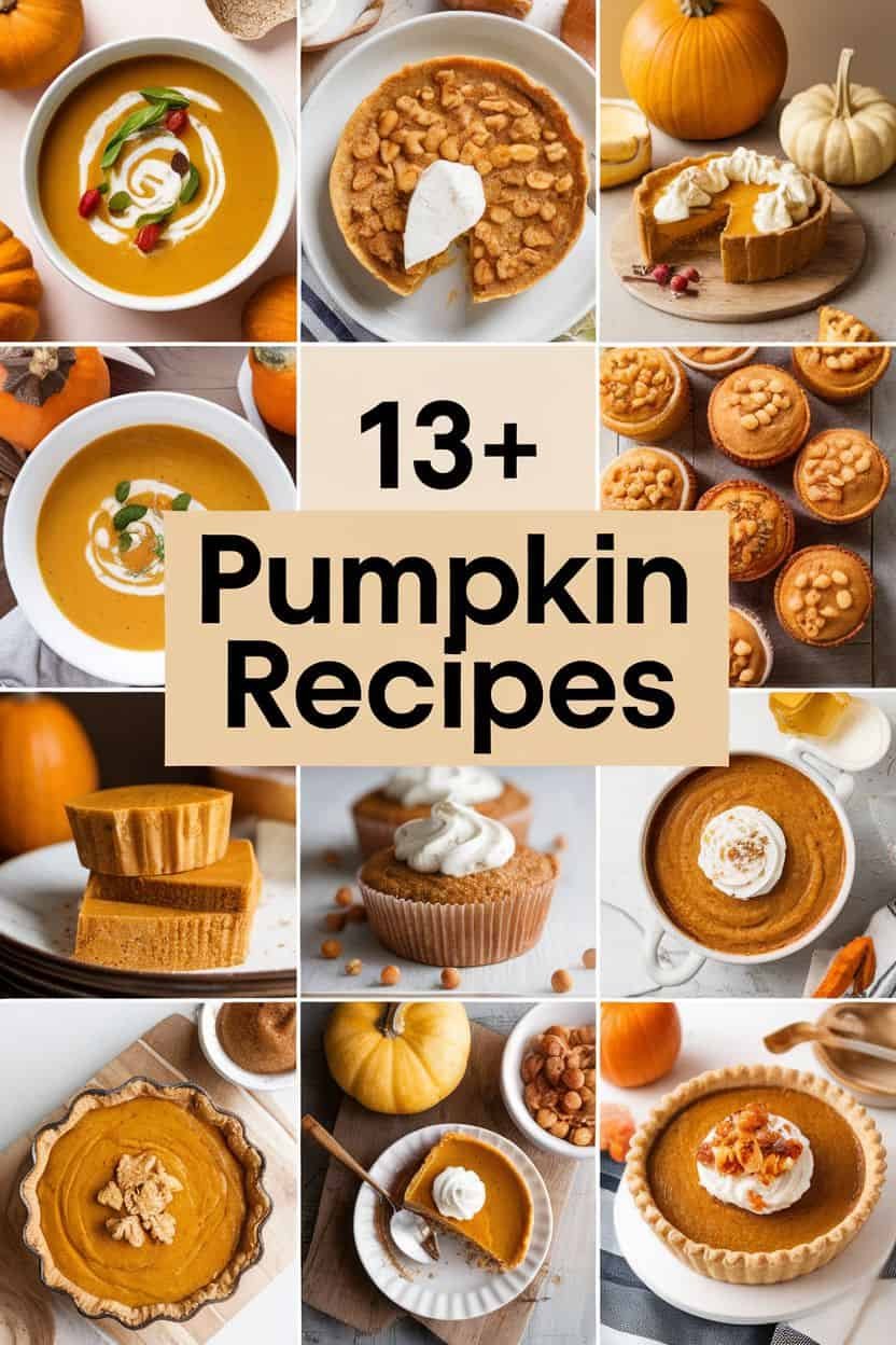 A collage of various pumpkin dishes, including soups, baked goods, and desserts, showcasing over 13 delicious pumpkin recipes.