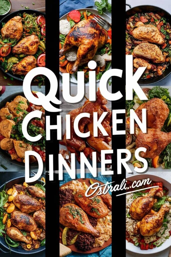 A collage of various quick chicken dinner recipes featuring roasted chicken, vibrant vegetables, and flavorful sides. Each dish showcases a different preparation style, highlighting the versatility and ease of cooking chicken for weeknight meals. Perfect for busy home cooks looking for delicious and time-efficient dinner options.