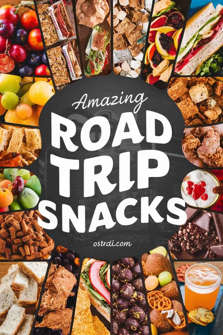 A collage of various delicious snacks ideal for road trips, featuring fruits, nuts, granola bars, cookies, and dips, with the text "Amazing Road Trip Snacks" prominently displayed in the center.