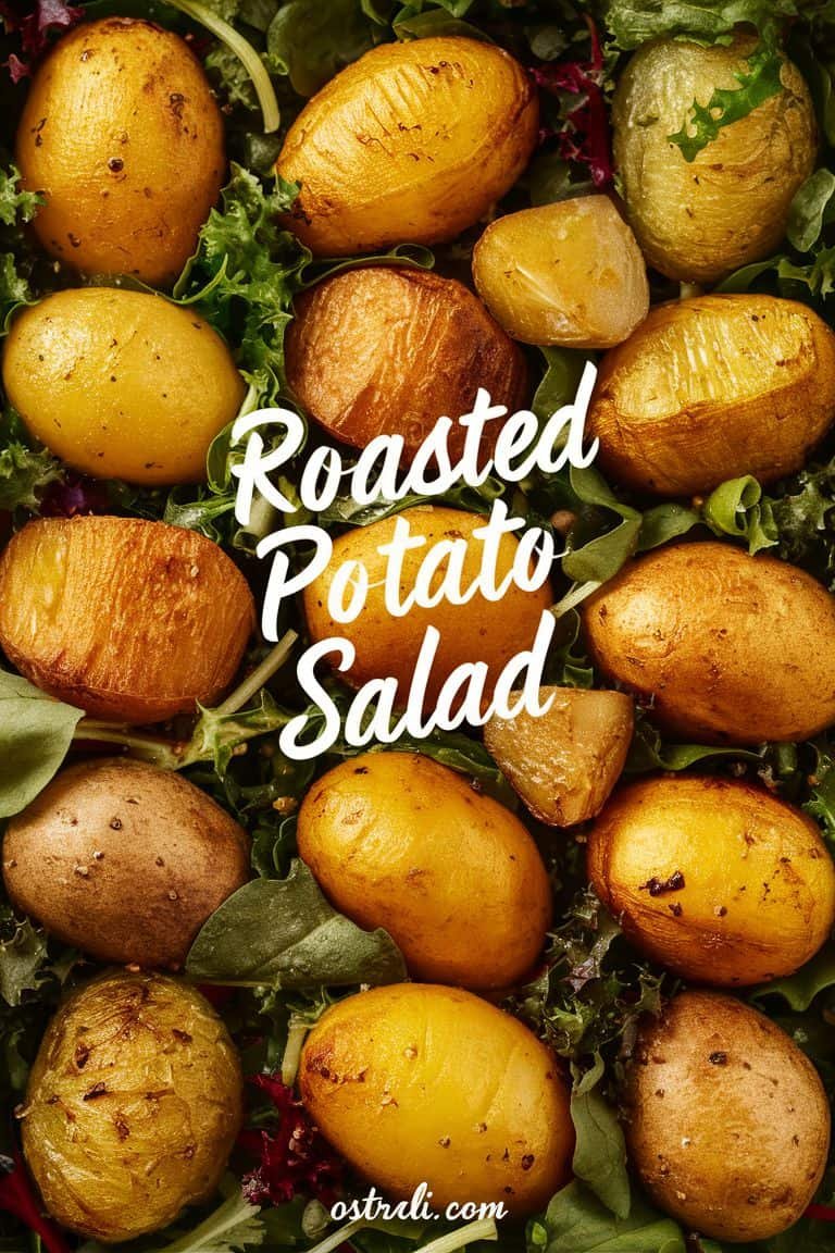 Close-up of roasted potatoes arranged on a bed of fresh greens, featuring a variety of textures and colors, ideal for a healthy roasted potato salad recipe.