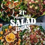 A vibrant collage of four creative salad ideas featuring a variety of fresh greens, colorful vegetables, and unique toppings. Each salad is artistically arranged, showcasing ingredients like radishes, oranges, nuts, and herbs, perfect for inspiring healthy meal options. Ideal for those seeking delicious and nutritious salad recipes.