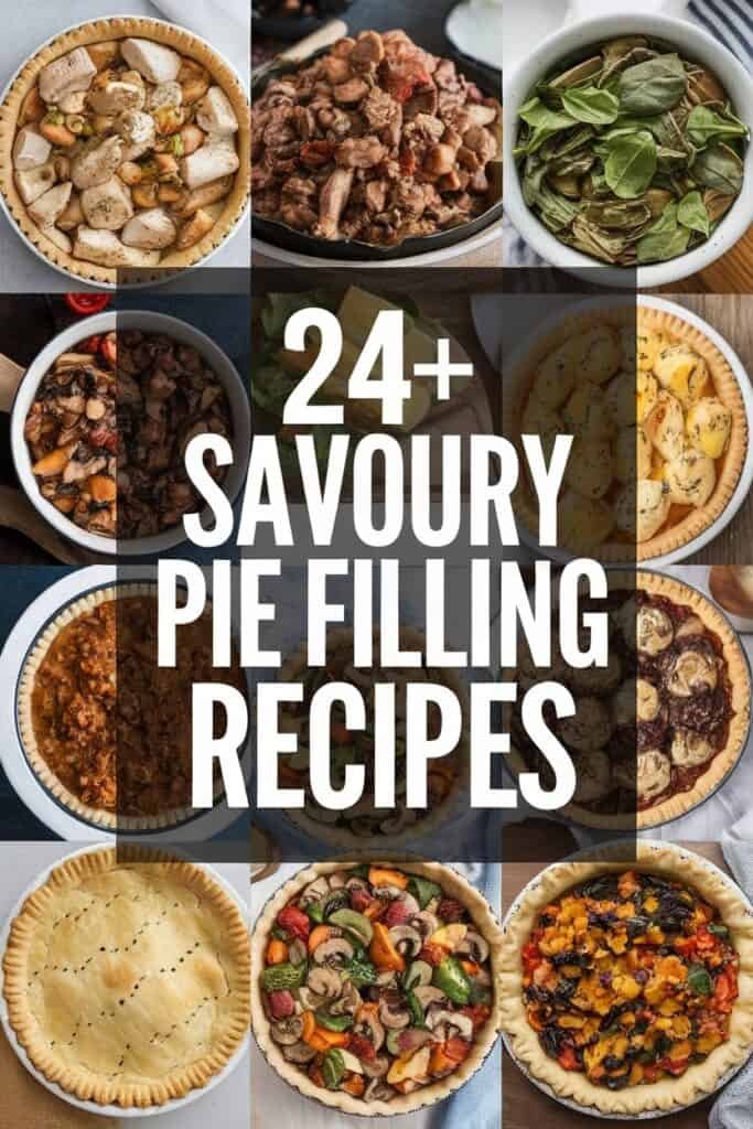 A collage of savory pie filling recipes featuring various ingredients, including meats, vegetables, and herbs, with text overlay stating "24+ Savoury Pie Filling Recipes." The image showcases different pie crusts and fillings, illustrating a variety of delicious options for savory pies.