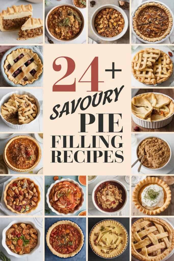 A collage of 24+ savory pie filling recipes featuring various pie dishes, including meat, vegetable, and dessert options, showcasing different crust styles and fillings, perfect for culinary inspiration.