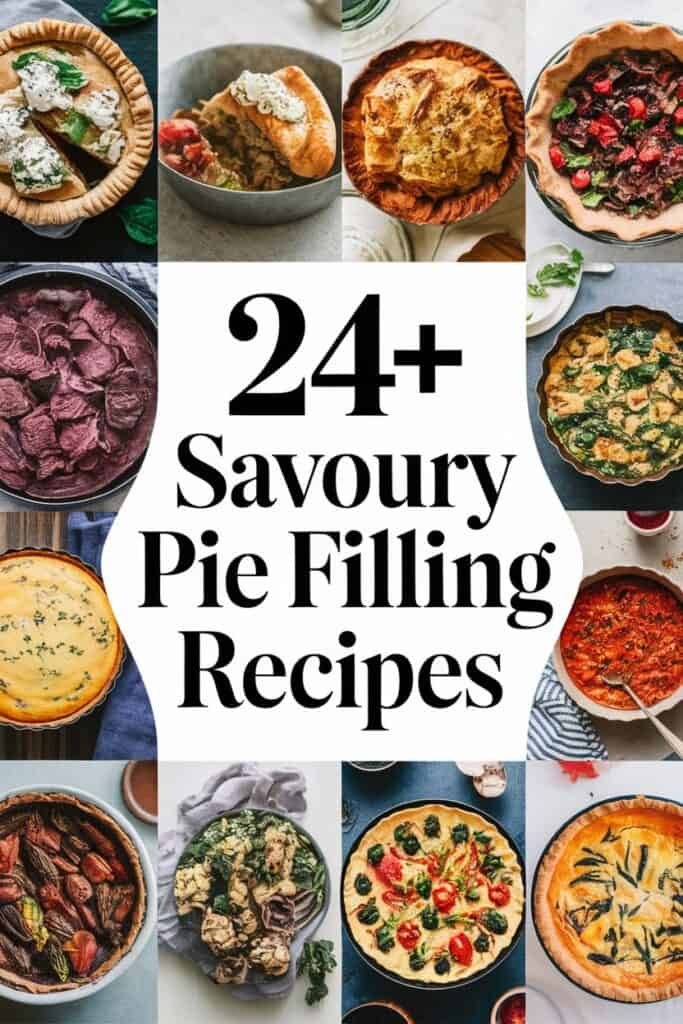 Collage of 24+ savory pie filling recipes featuring various dishes like meat pies, vegetable tarts, and quiches, showcasing a variety of ingredients and presentation styles. Ideal for home cooks looking for inspiration in savory pie preparation.