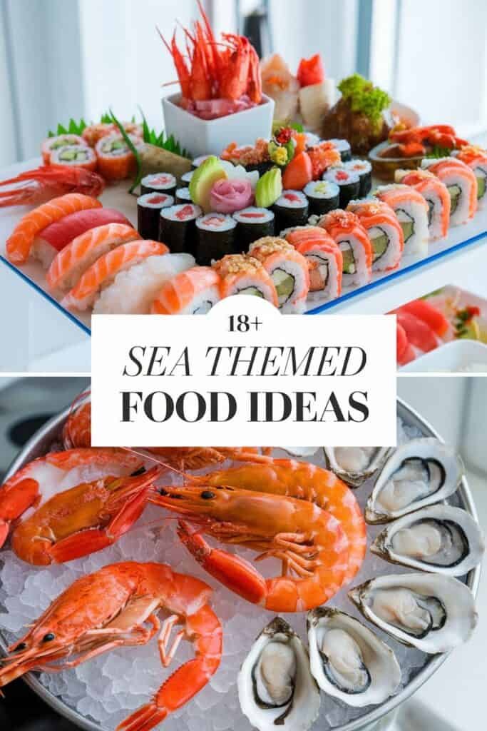 A vibrant seafood platter featuring an array of sushi, sashimi, and shellfish, including shrimp and oysters, showcasing a variety of colors and textures, perfect for sea-themed food ideas.