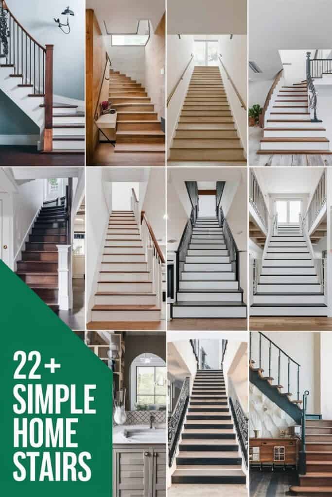 A collage of over 22 simple home stair designs showcasing a variety of styles, including wooden, modern, and minimalist options, with different railing types and finishes, ideal for home decor inspiration.