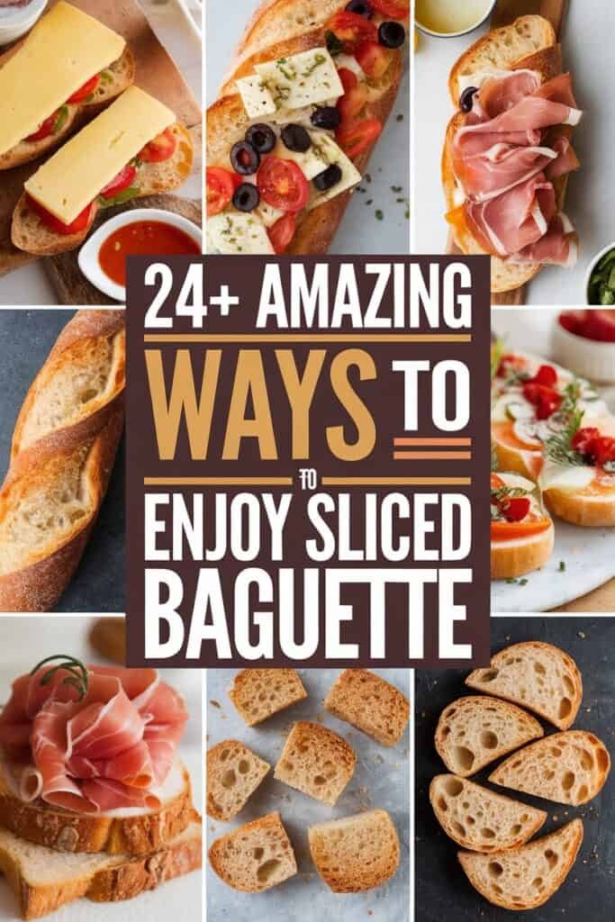 A collage showcasing 24+ creative ways to enjoy sliced baguette, featuring various toppings like cheese, olives, tomatoes, and prosciutto, along with different styles of sliced baguette. Ideal for culinary inspiration and serving suggestions.