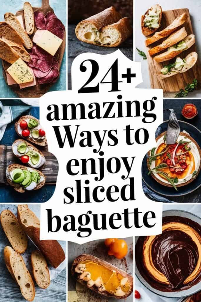 A collage of creative ways to enjoy sliced baguette, featuring various toppings such as cheeses, meats, vegetables, and spreads, highlighting over 24 delicious serving ideas.