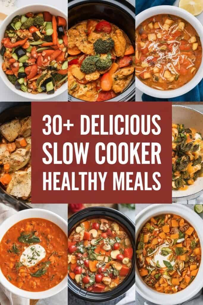 A collage featuring over 30 delicious slow cooker healthy meals, showcasing vibrant dishes with vegetables, meats, and hearty soups, perfect for nutritious meal planning.