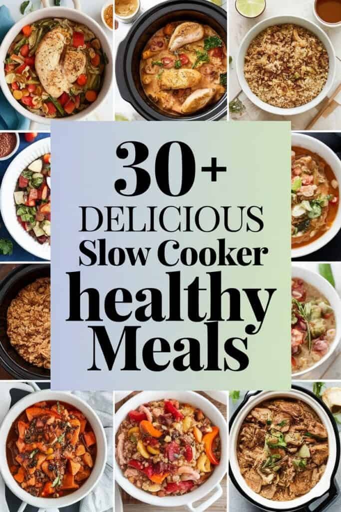 A collage featuring over 30 healthy slow cooker meal ideas, showcasing various dishes such as chicken with vegetables, quinoa bowls, and colorful stews, emphasizing nutritious and delicious options for easy meal preparation.
