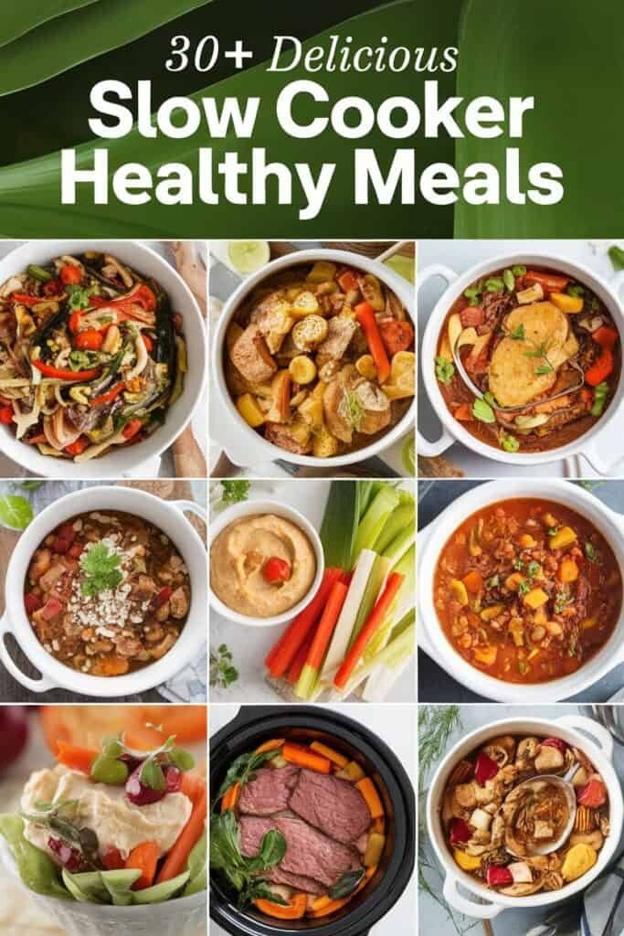 A collage of nine delicious and healthy slow cooker meals, showcasing various dishes such as vegetable stir-fry, hearty stews, and flavorful meats, emphasizing nutritious ingredients and easy preparation for wholesome dining options.