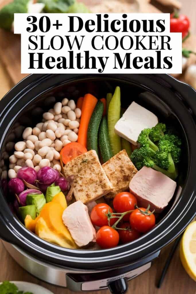A slow cooker filled with colorful healthy ingredients, including mixed vegetables, beans, tofu, and chicken, representing over 30 delicious slow cooker healthy meal options.