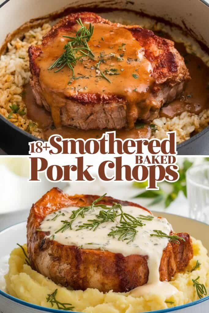 Image of two delicious smothered baked pork chops, one served over seasoned rice with a rich gravy, and the other on a bed of creamy mashed potatoes topped with a white sauce, garnished with fresh herbs. Ideal for a comforting dinner recipe.