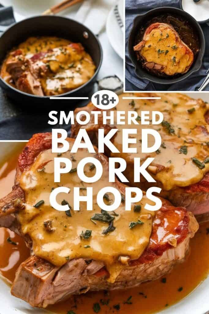 Delicious smothered baked pork chops served in a creamy sauce, garnished with herbs, showcasing a hearty meal ideal for dinner. The image features multiple servings in different dishes, highlighting the rich textures and flavors of this comforting recipe.