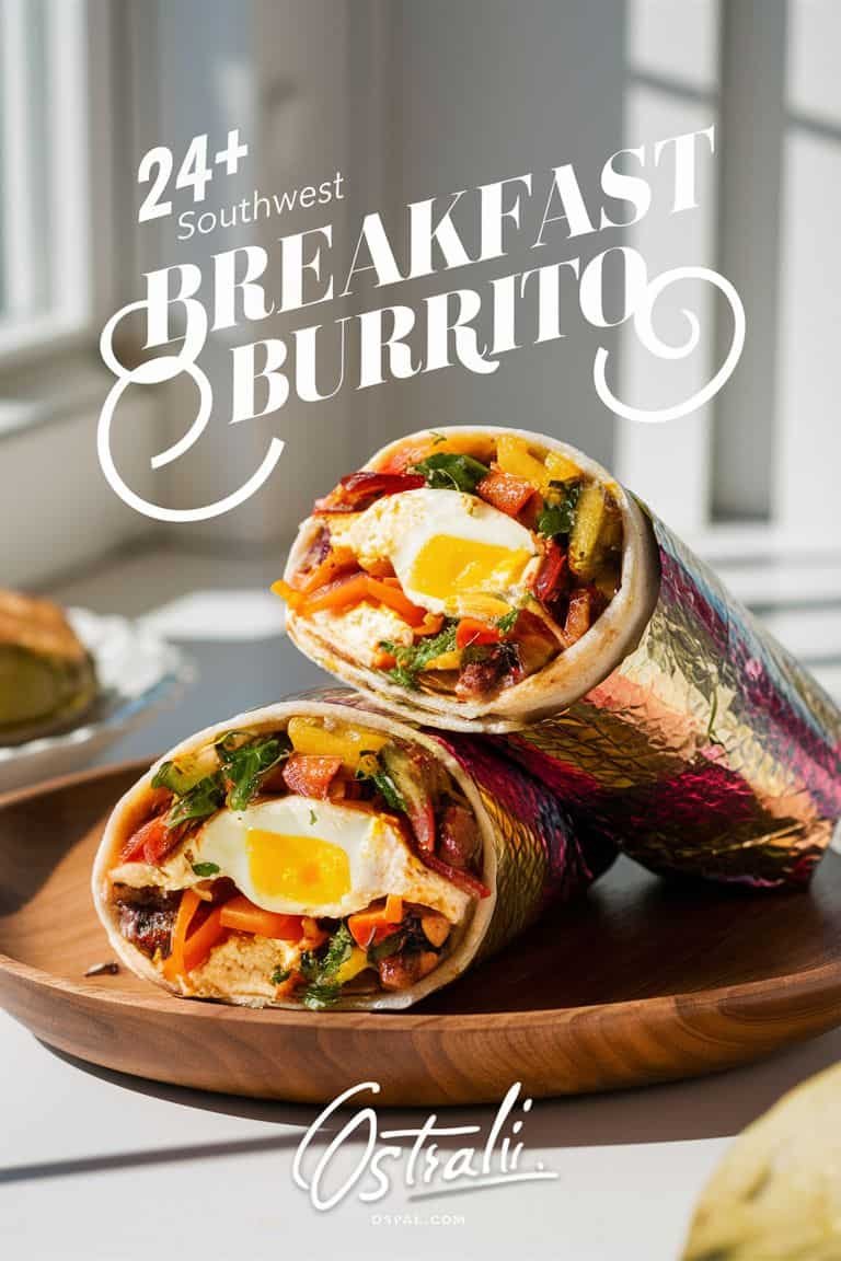 Close-up of two Southwest breakfast burritos filled with eggs, vegetables, and spices, served on a wooden plate with bright, colorful wrapping. The image highlights the delicious ingredients and appealing presentation, promoting over 24 unique breakfast burrito recipes.