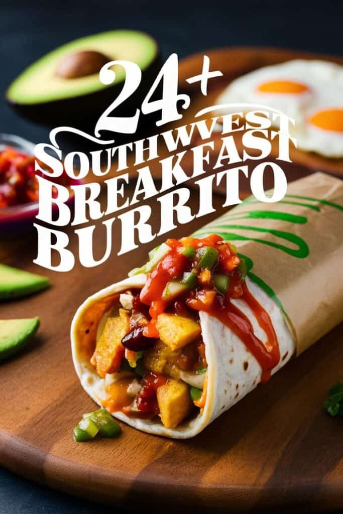 Southwest breakfast burrito filled with diced potatoes, bell peppers, and salsa, served on a wooden board with avocado slices and eggs in the background. Ideal for breakfast lovers seeking flavorful and hearty options.