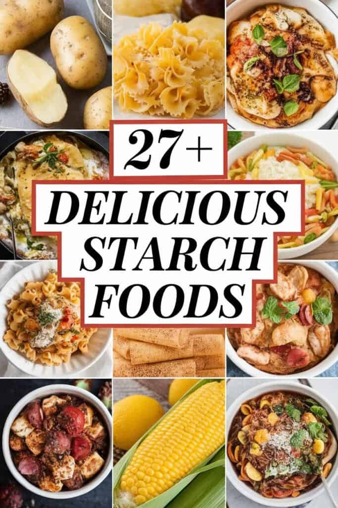 A collage of various delicious starch foods, including potatoes, pasta, corn, and rice dishes, featuring the text "27+ Delicious Starch Foods" prominently displayed. The image showcases a variety of prepared dishes and raw ingredients, appealing to food lovers and those seeking starch-rich recipes.