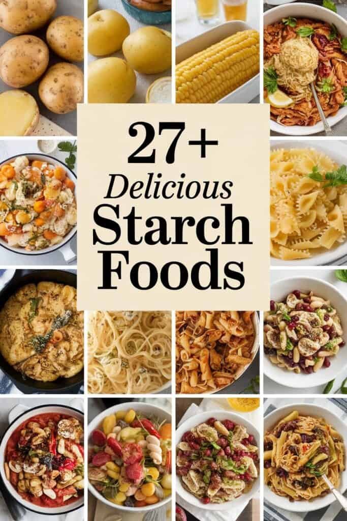 A collage of various delicious starch foods, featuring potatoes, corn, pasta dishes, and grain salads, with the title "27+ Delicious Starch Foods" prominently displayed in the center.