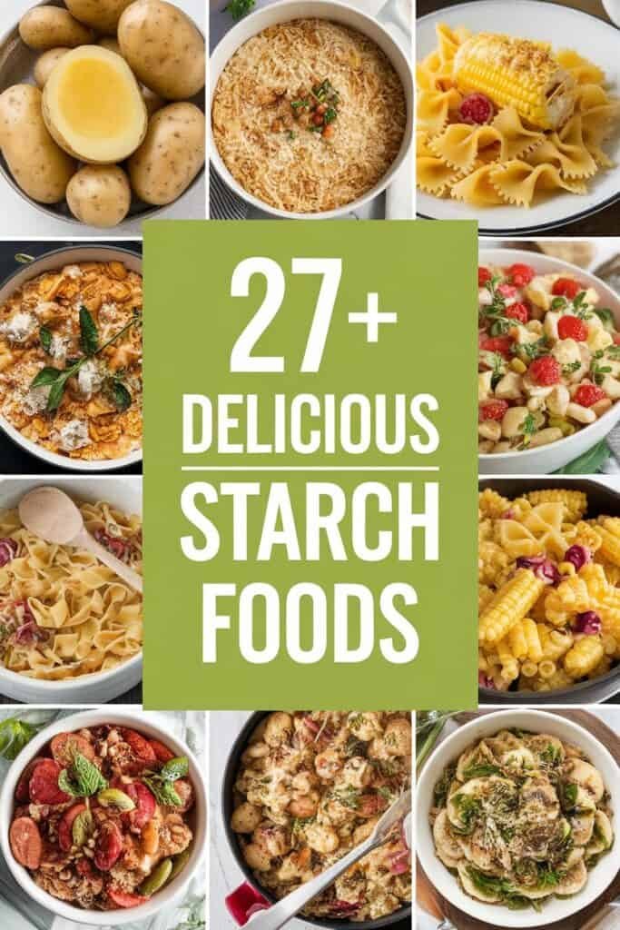 A collage featuring a variety of delicious starch foods, including potatoes, pasta dishes, corn, and salads. The image highlights over 27 different starch-based recipes, showcasing colorful ingredients and appealing presentations, perfect for meal inspiration.