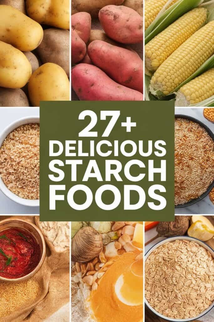 Image featuring a variety of starch foods, including potatoes, sweet potatoes, corn, grains, and legumes, with the text overlay "27+ Delicious Starch Foods." This visually appealing collage highlights nutritious options for a balanced diet.