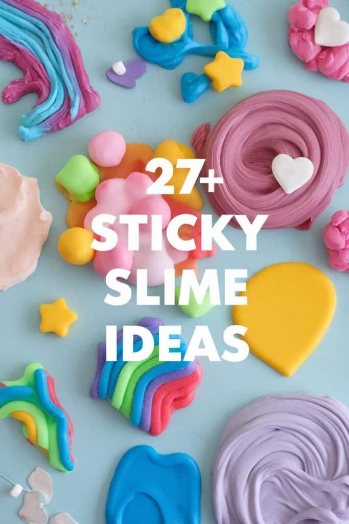 Colorful assortment of homemade sticky slime in various shapes, including stars, hearts, and rainbows, showcasing 27+ creative slime ideas on a light blue background.