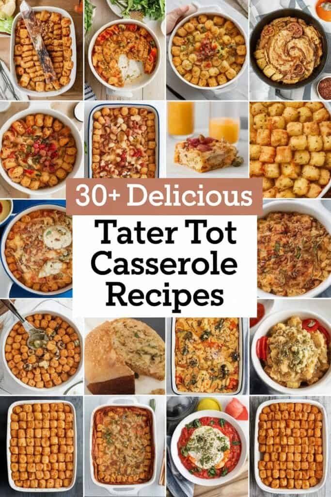 Collage of over 30 delicious tater tot casserole recipes featuring various ingredients and preparation styles, showcasing colorful dishes in different baking dishes and arrangements. Perfect for meal inspiration and comfort food ideas.