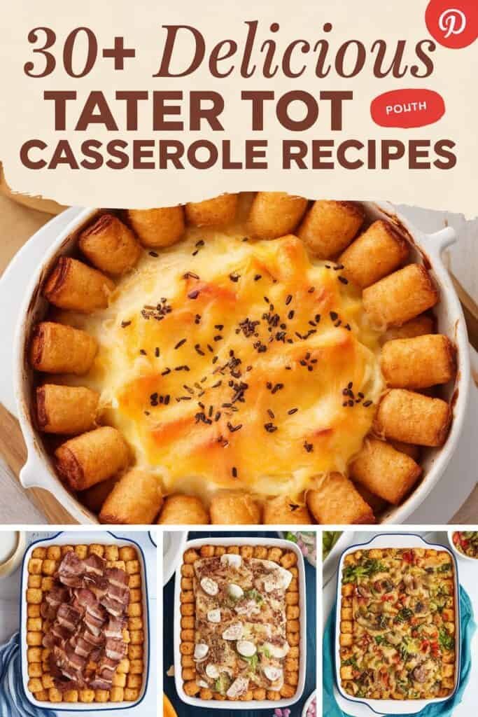 A collection of four tater tot casserole dishes, featuring a golden-brown cheesy casserole topped with crispy tater tots, alongside variations with bacon, chicken, and vegetables. The image promotes over 30 delicious tater tot casserole recipes.