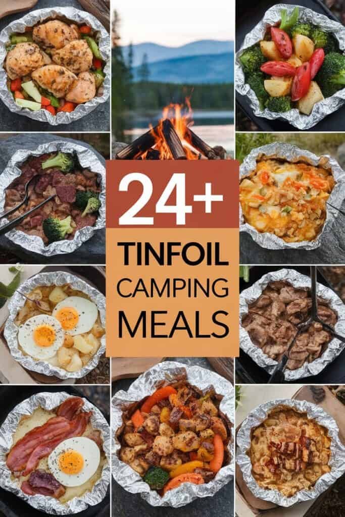 A collage of various tinfoil camping meals including chicken, vegetables, and breakfast options, with a campfire in the background. The image highlights 24+ easy and delicious recipes for outdoor cooking.