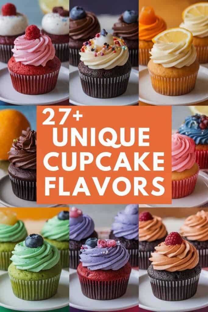 A colorful assortment of unique cupcakes featuring over 27 flavors, including red velvet, chocolate, lemon, and mint, displayed on white plates. Ideal for dessert enthusiasts looking for creative baking ideas and flavor inspirations.