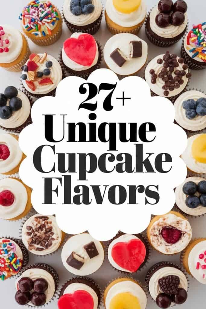 A colorful assortment of cupcakes featuring over 27 unique flavors, topped with various decorations like sprinkles, fruit, and fondant hearts, showcasing creative dessert options for any celebration.