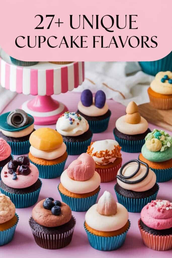 A colorful assortment of unique cupcakes featuring over 27 distinct flavors, each decorated with various toppings and frostings, displayed on a pastel pink background.