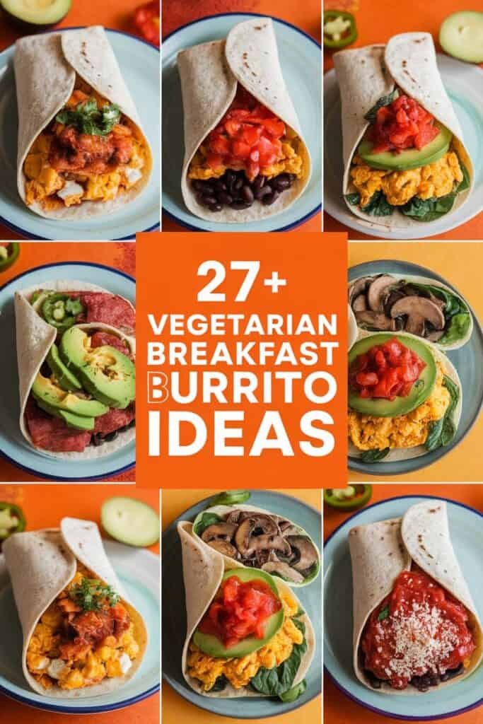 A collage of vegetarian breakfast burrito ideas featuring various ingredients such as scrambled eggs, black beans, tomatoes, spinach, avocado, and mushrooms, showcased in soft tortillas. The image highlights 27+ creative combinations for healthy and delicious breakfast options.