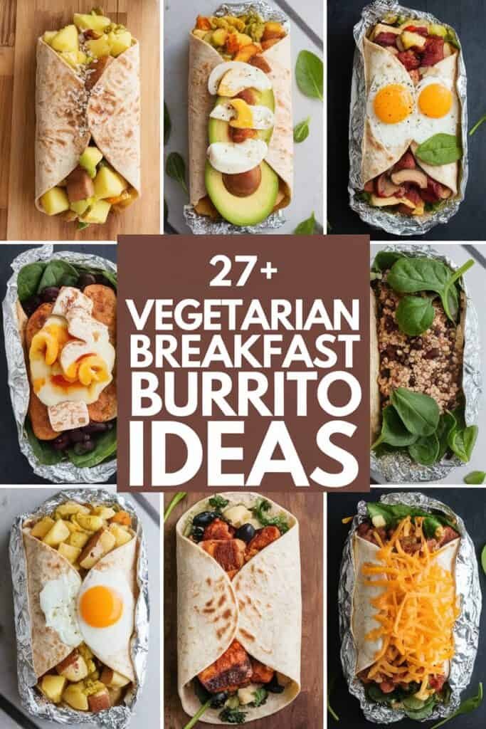 A collage of various vegetarian breakfast burritos featuring colorful ingredients like eggs, avocado, spinach, and fruits, with a title highlighting "27+ Vegetarian Breakfast Burrito Ideas" for creative meal inspiration.