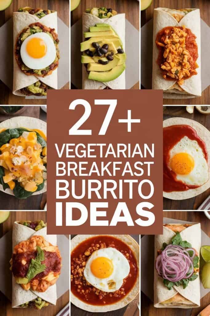 A collage of delicious vegetarian breakfast burrito ideas featuring various ingredients such as eggs, avocado, black beans, and cheese, with a bold text overlay stating "27+ Vegetarian Breakfast Burrito Ideas."