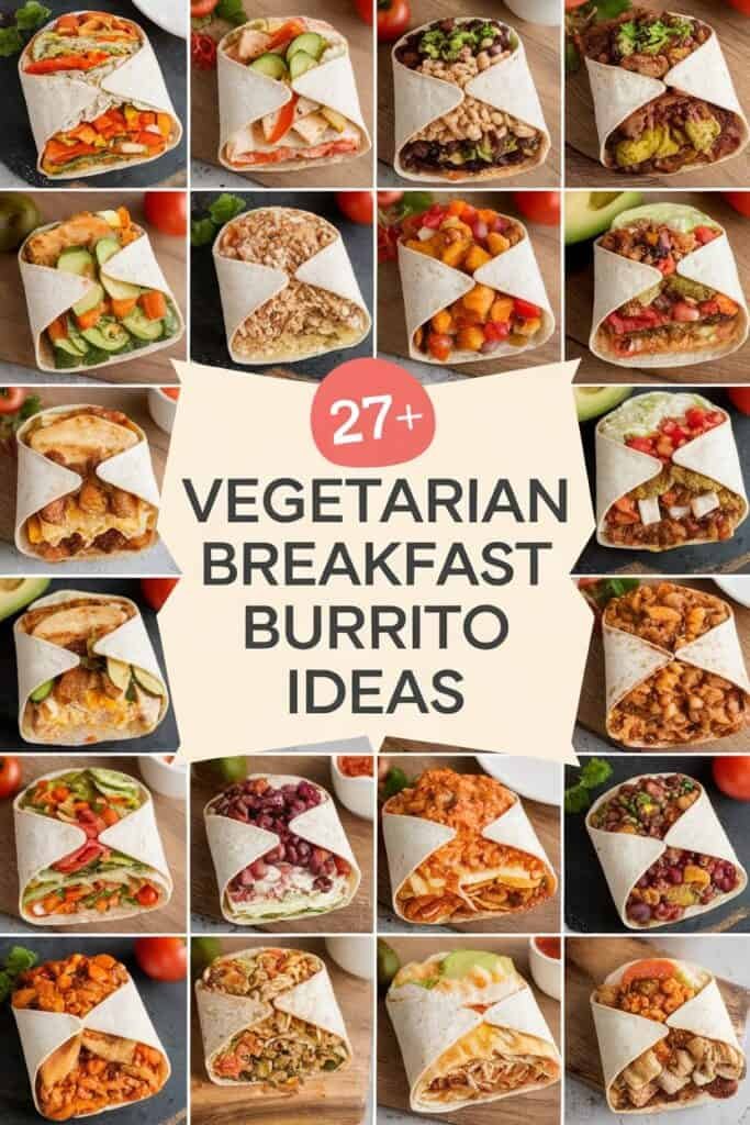A collage of 27+ vegetarian breakfast burrito ideas featuring colorful ingredients like vegetables, beans, and sauces wrapped in tortillas, showcasing a variety of delicious and healthy options for breakfast enthusiasts.