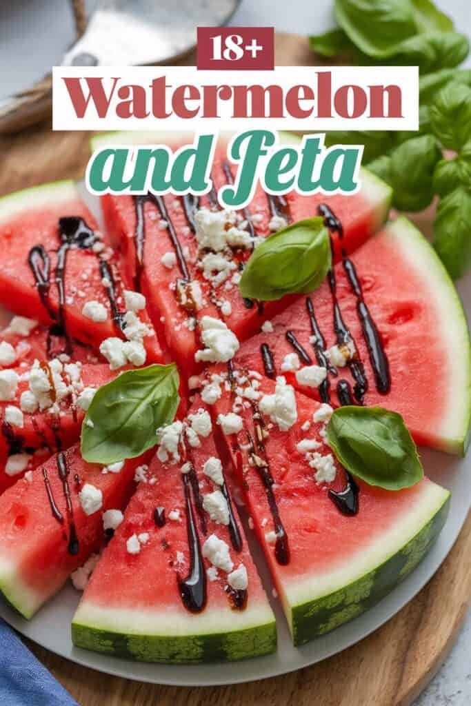 Fresh watermelon slices topped with crumbled feta cheese, drizzled with balsamic glaze, and garnished with basil leaves, served on a wooden platter. Perfect summer appetizer or salad.