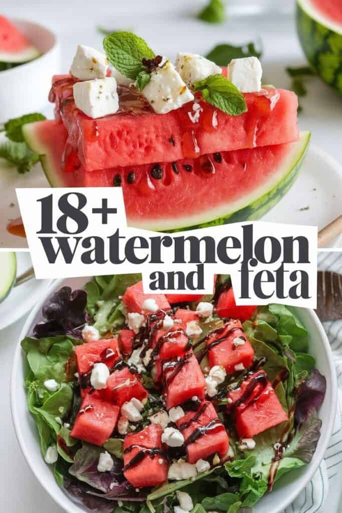 Colorful watermelon and feta salad featuring fresh mint and balsamic drizzle, showcasing two delicious watermelon dishes. The top layer displays stacked watermelon slices with feta cheese, while the bottom features a vibrant salad with mixed greens, diced watermelon, and feta. Ideal for summer recipes.